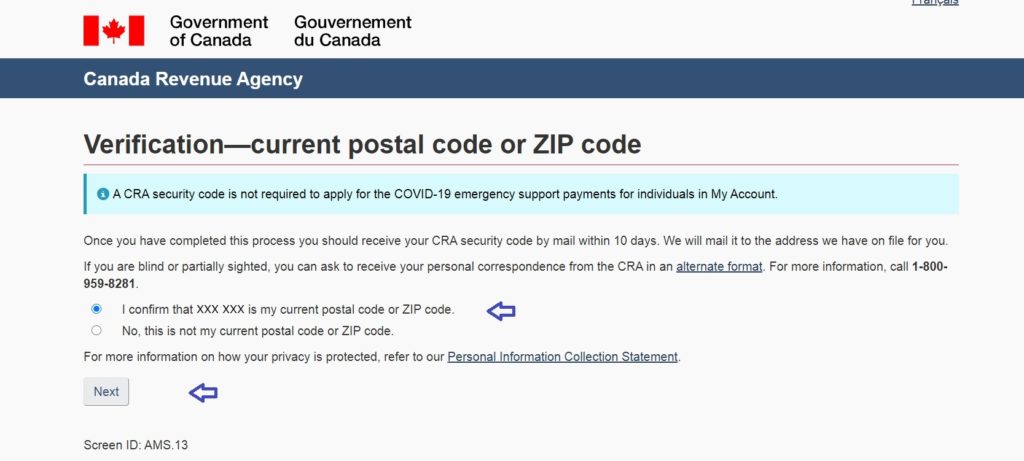 CRA postal code confirmation